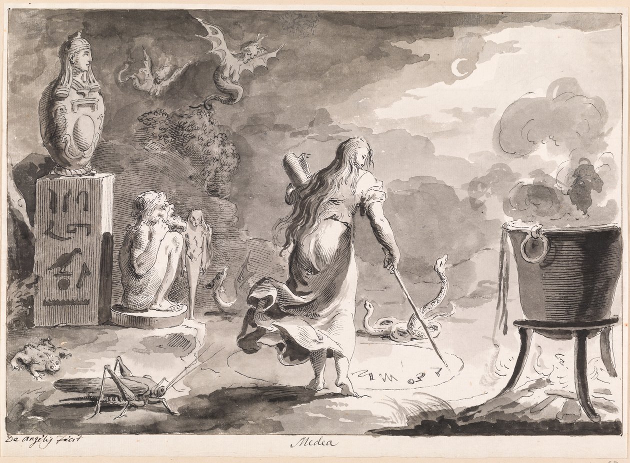 Medea. Sürüngenler, deniz canlıları, bir cadı kazanı ve Mısır tanrıları arasında, arkası dönük bir kadın, yerde daire çizerek geceleri sihirli rünler yazar. by Bartolomeo d