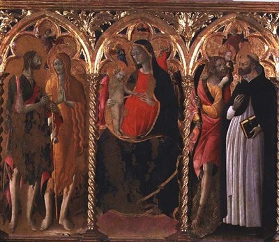 Üç Parçalı: Madonna ve Çocuk (orta panel), Vaftizci Yahya, St. Mary Magdalene, St. Christopher ve St. Dominic (panelde mizaç) by Bartolomeo di Tommaso da Foligno