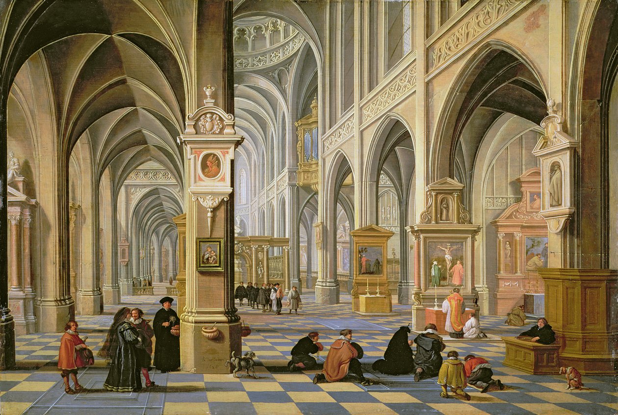 Kilise iç, ön planda dua eden insanlarla ve ana koridorda küçük bir alayı ile by Bartolomeus van Bassen