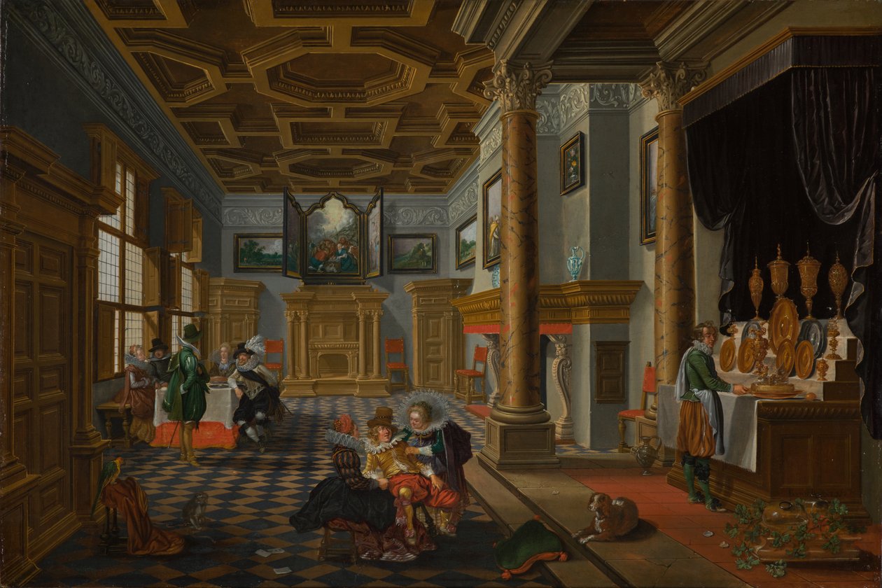 1618-1622 dolaylarında, Banketli Rönesans İç Mekanı (panelde yağlı boya) by Bartolomeus van Bassen