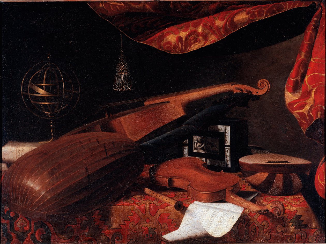 Müzik aletleri ile natürmort (Keman, ud ve spinette ve armillary küre) - Tablo Bartolomeo Bettera (1639-1722), yaklaşık 1660 Tuval üzerine yağlıboya Dim: 70,5x94,7 cm - Bergamo, Accademia Carrara by Bartolommeo Bettera