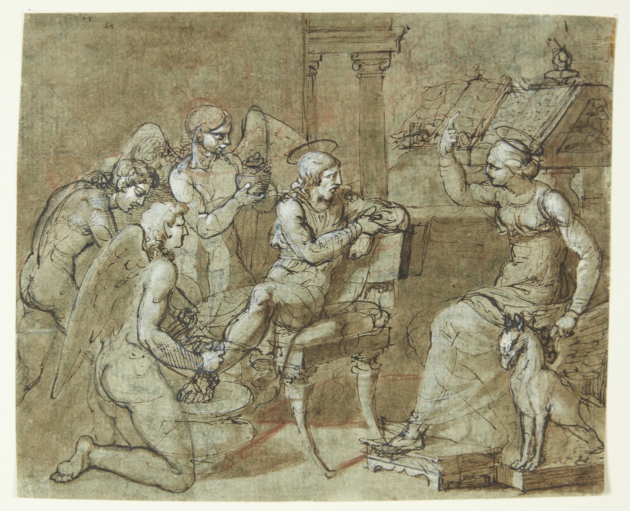 Bir erkek aziz, okuma masasının önünde oturan ve yukarıyı gösteren bir kadın azizi dinlerken melekler tarafından yıkanır ve bakım yapılır. Hl.Sebastian ve Hl.Irene? by Bartolommeo Letterini