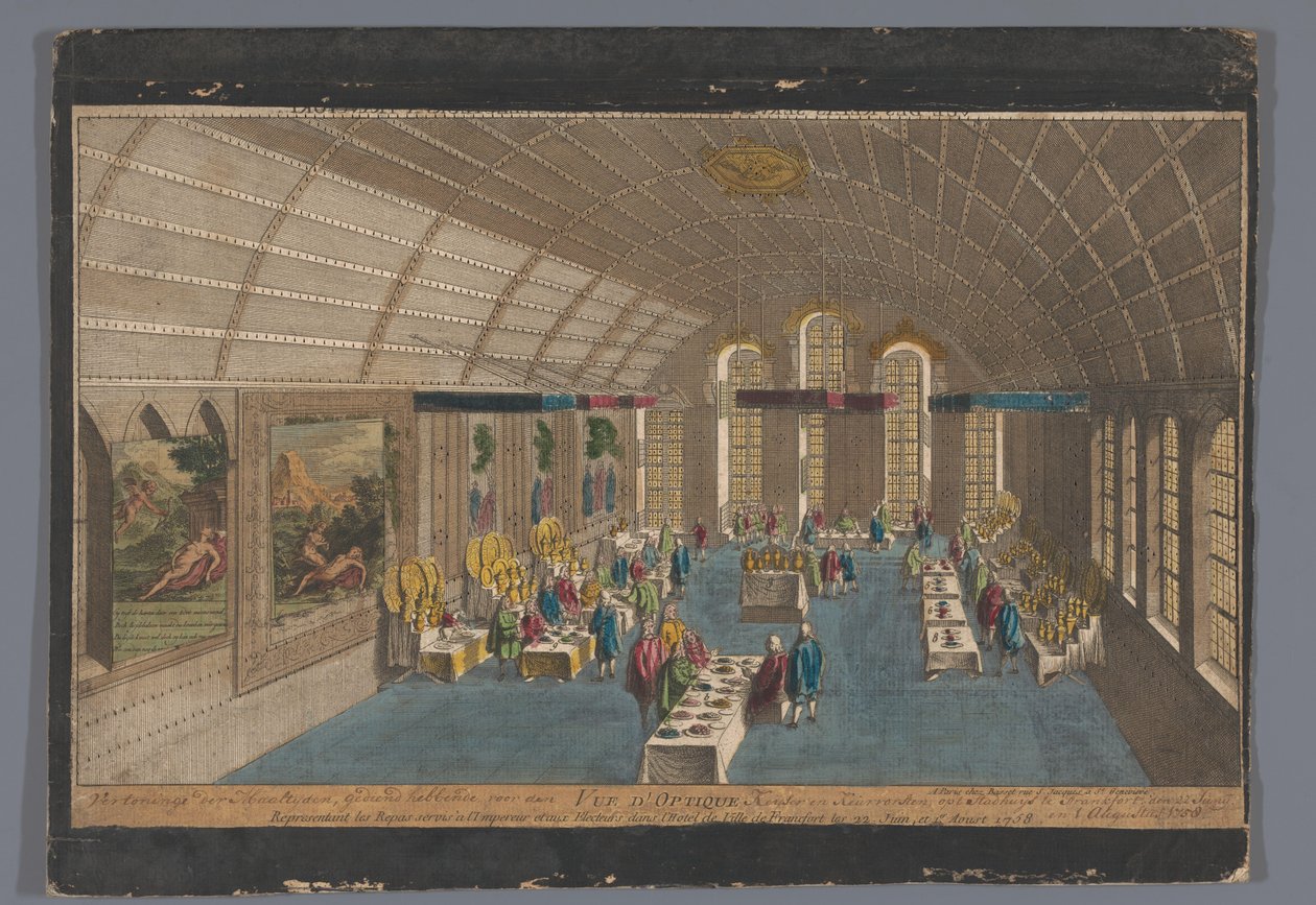 22 Haziran ve 1 Ağustos 1758'de imparator ve seçmenler için bir yemekle Frankfurt am Main'deki Römer Salonu'nun görünümü. juin, et 1er. a by Basset