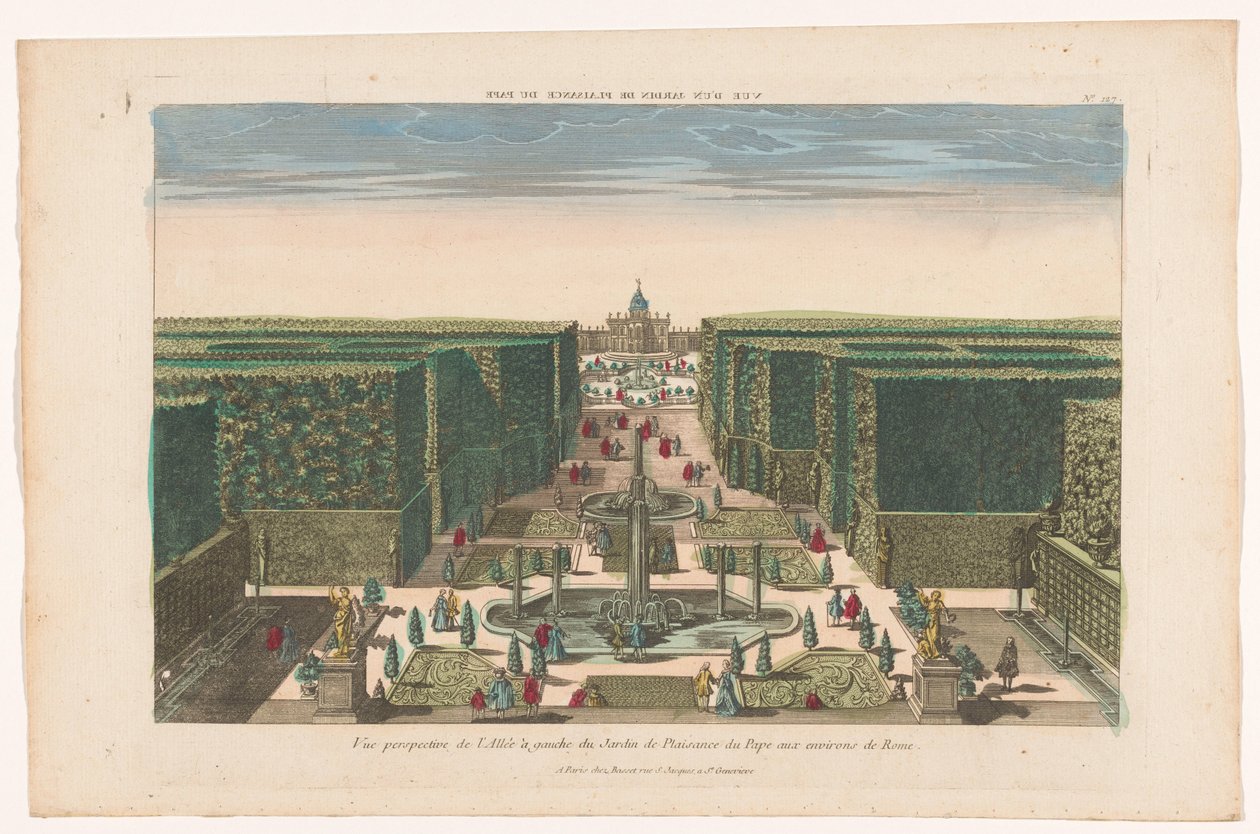 Roma kenti yakınlarındaki bir Papa'nın bahçesinin bir caddesinin görünümü Vue d'un jardin de plaisance du pape (nesnedeki başlık) by Basset
