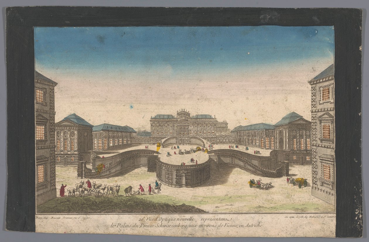 Viyana kenti yakınlarındaki Palais Schwarzenberg'in görünümü 20. Vue d'optique nouvelle, temsilci le palais du Prince Schwarzenberg aux environs de Vienne ve Autrich (nesne üzerindeki başlık) by Basset