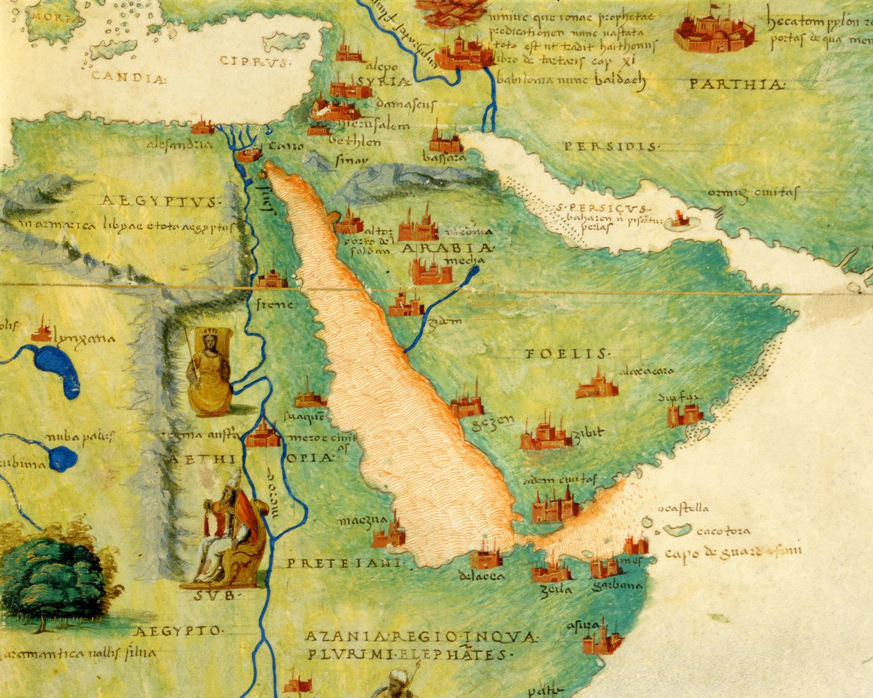 Ethiopia, the Red Sea and Saudi Arabia, from an Atlas of the World in 33 Maps, Venice, 1st September 1553 (ink on vellum) (detail from 330946) by Battista Agnese