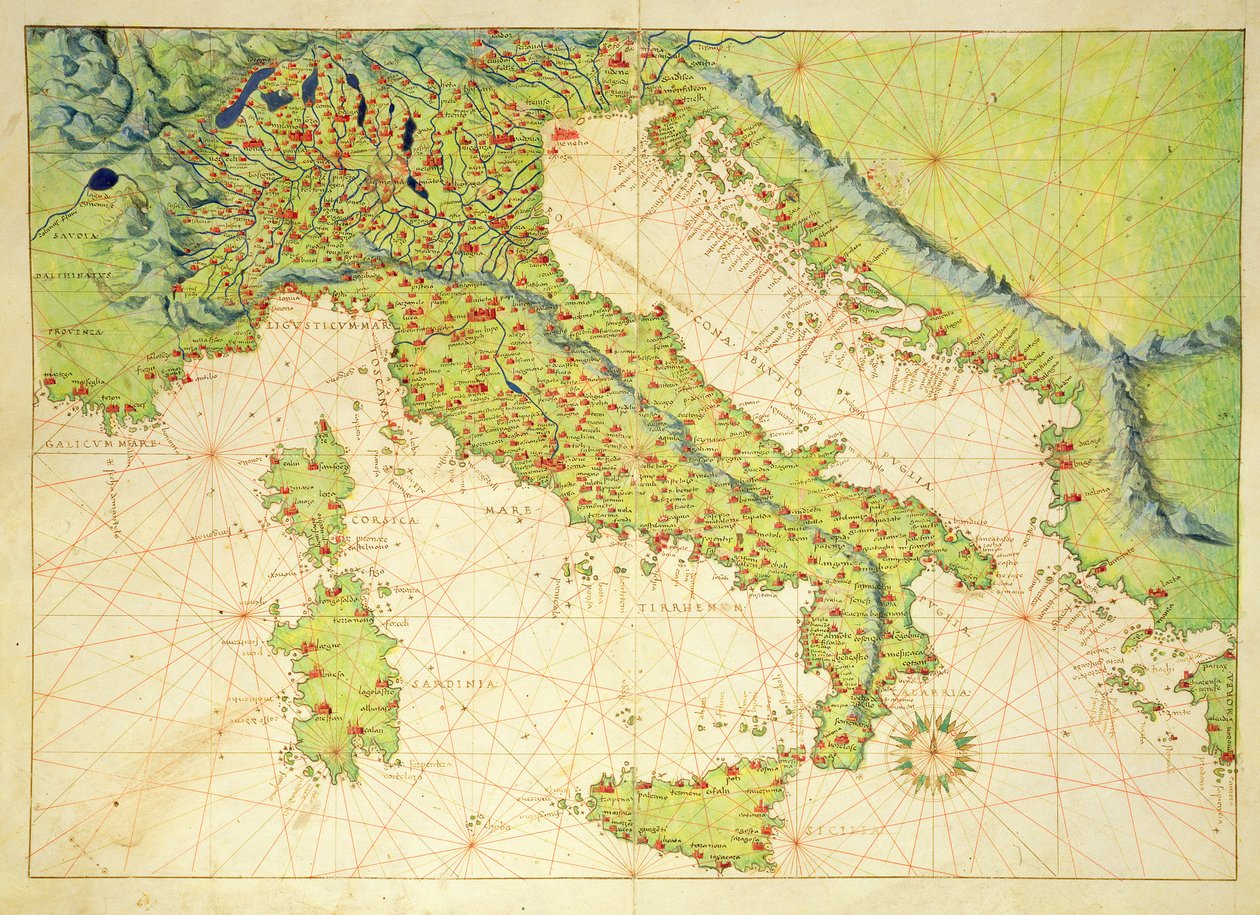 Italy, from an Atlas of the World in 33 Maps, Venice, 1st September 1553 (ink on vellum) by Battista Agnese