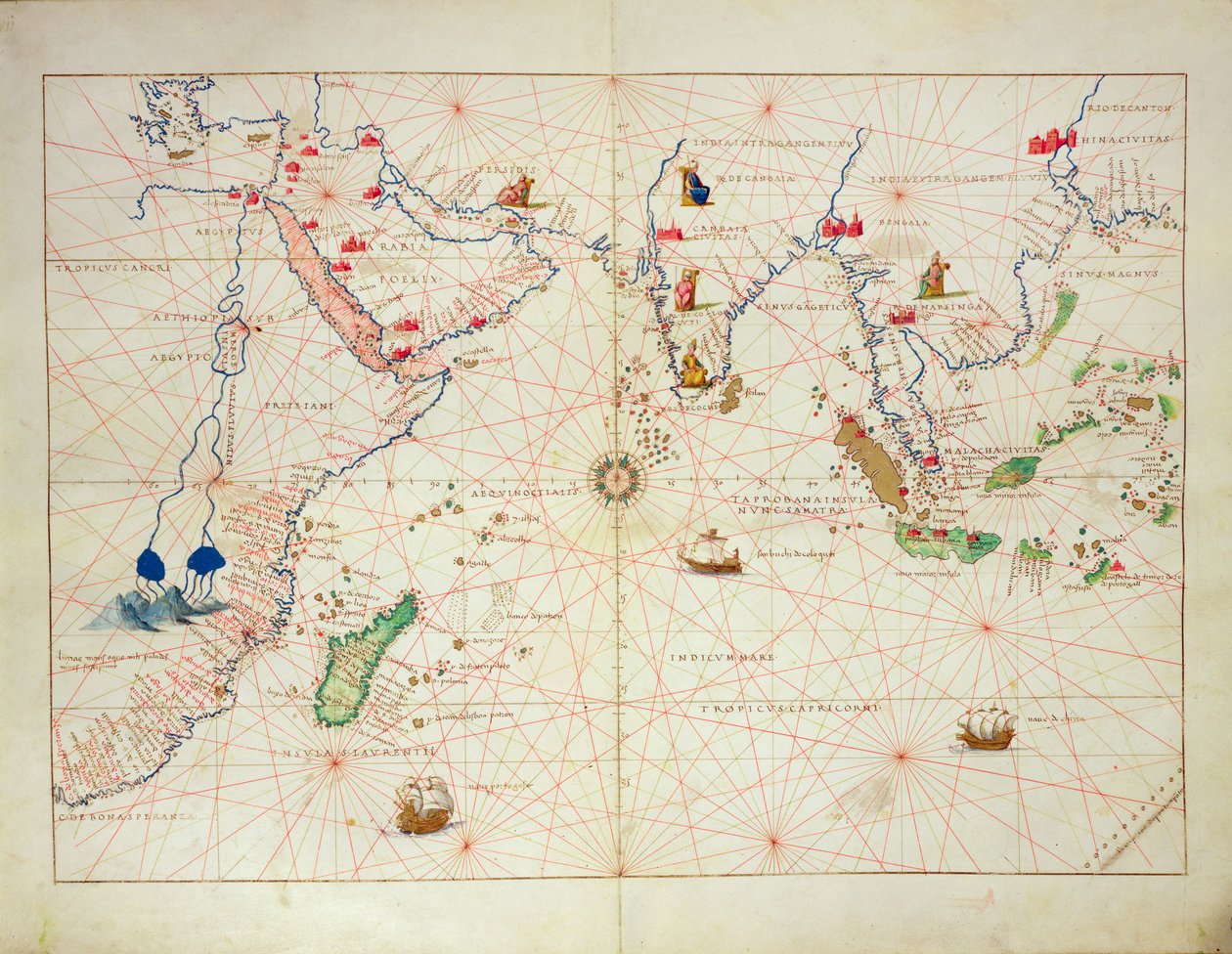 Hint Okyanusu, 33 Haritada Bir Dünya Atlasından, Venedik, 1 Eylül 1553 (parşömen üzerine mürekkep) (ayrıca bkz. 330956) by Battista Agnese