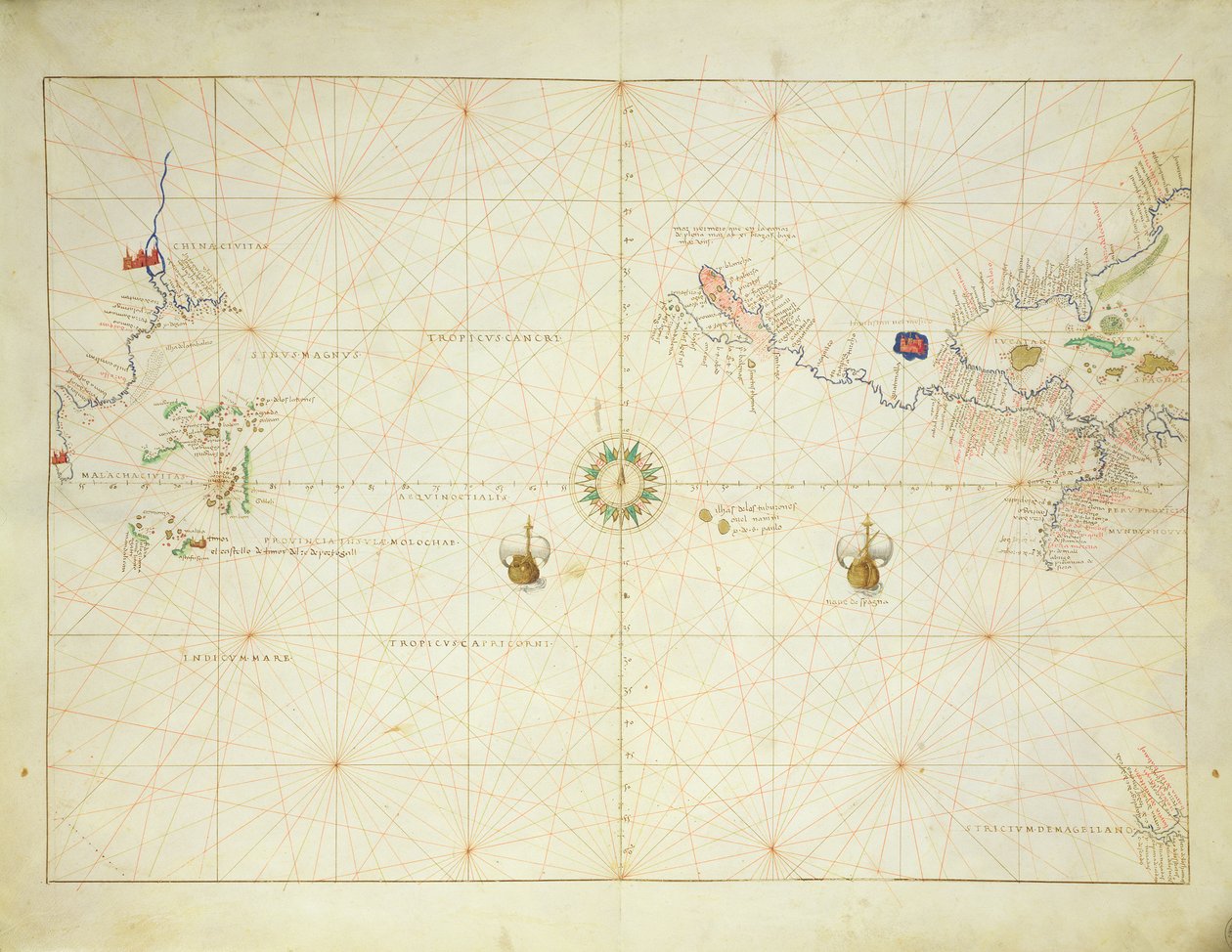 Pasifik Okyanusu, 33 Haritada Bir Dünya Atlasından, Venedik, 1 Eylül 1553 (parşömen üzerine mürekkep) (ayrıca bkz. 330962) by Battista Agnese