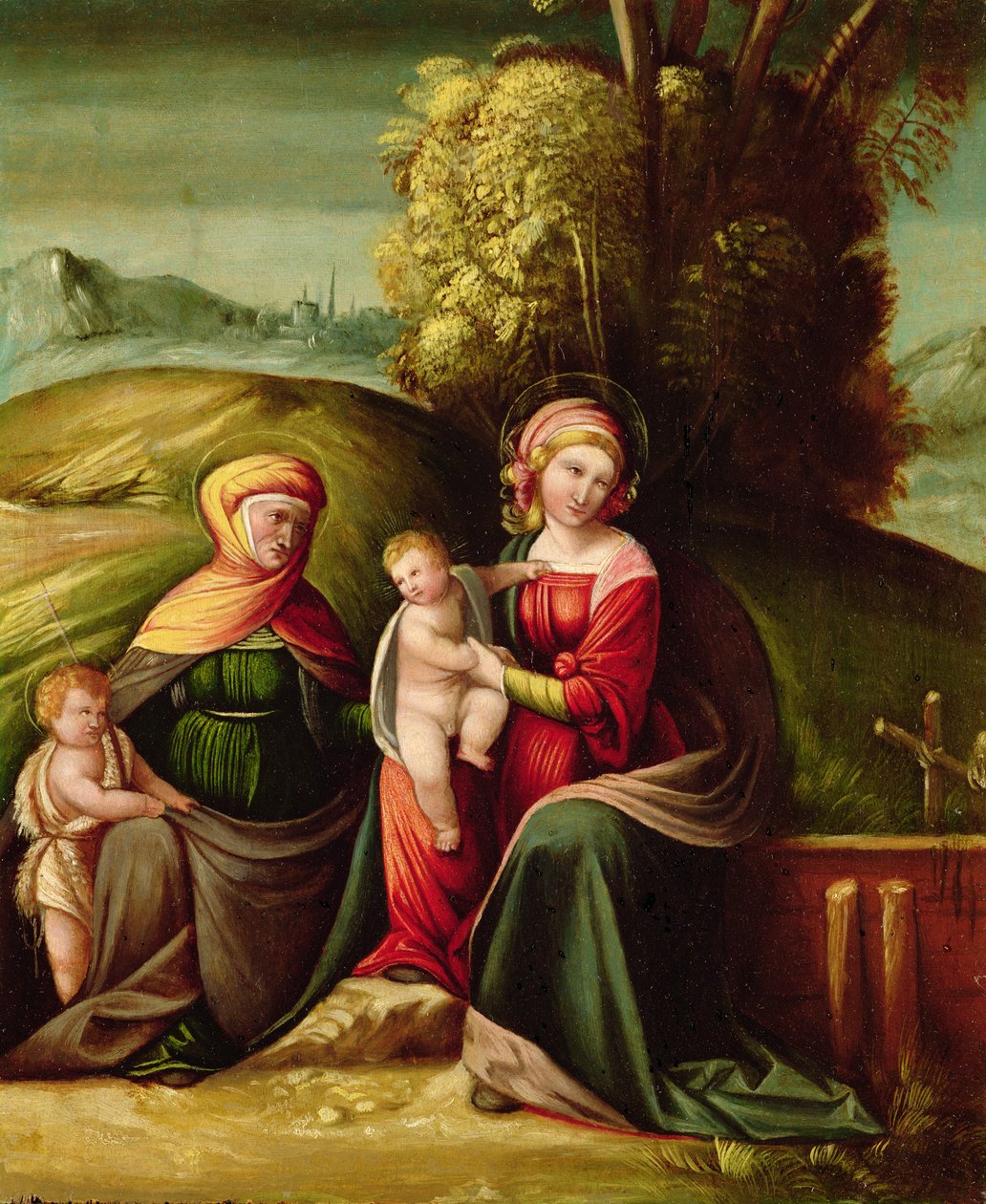 Bir manzarada Aziz Elizabeth ve Aziz John ile Bakire ve Çocuk by Battista Dossi