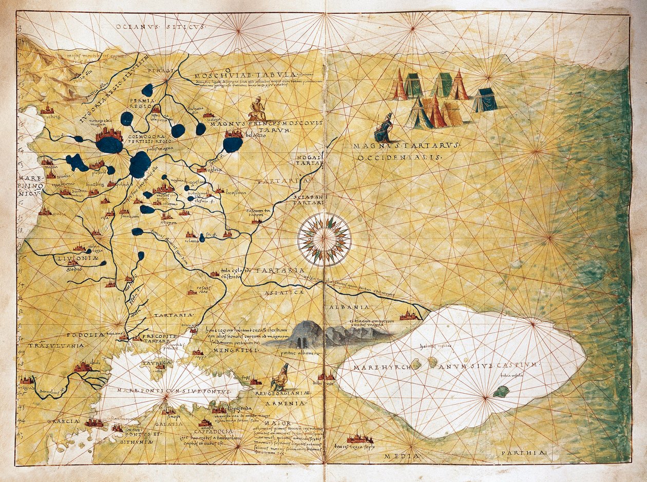 Moschoviae Tabula, Rusya haritası ve Volga Nehri boyunca Avrupa şehirleri by Battista Agnese