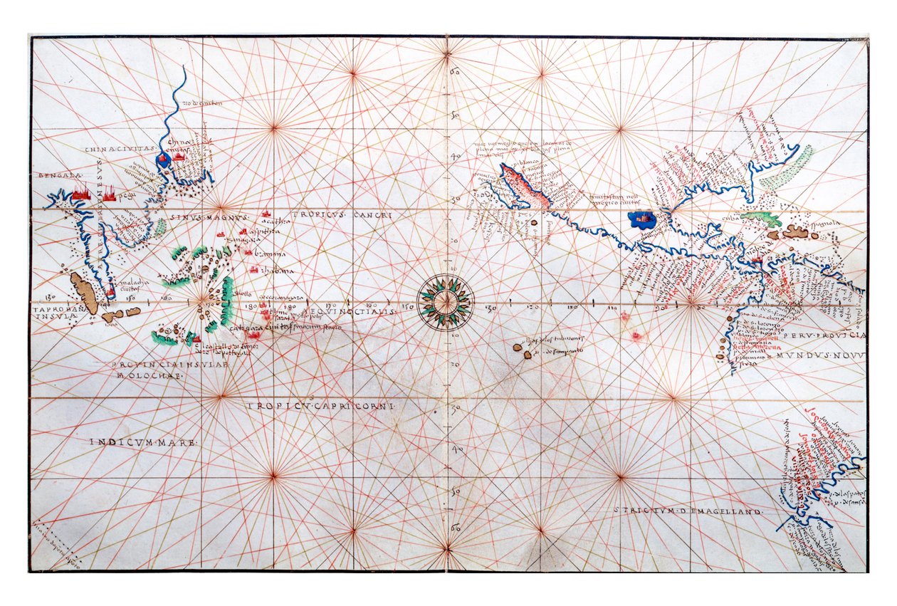 Çin, Seylan ve Filipinler ile Yengeç ve Oğlak Dönencelerini gösteren navigasyon tablosu, c.1540 by Battista Agnese