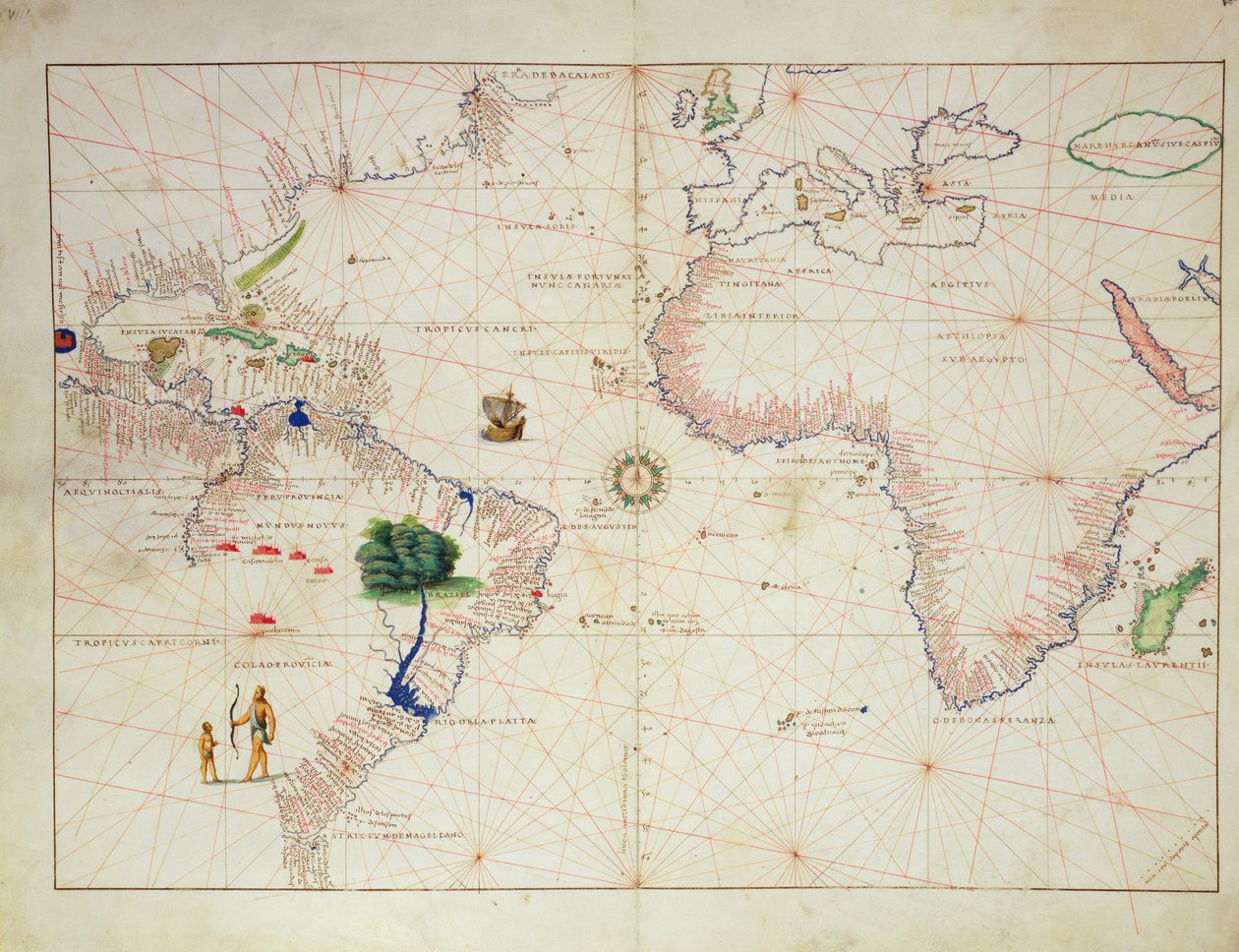 The New World, from the Atlas of the World in 33 Maps, Venedik, 1 Eylül 1553 (parşömen üzerine mürekkep) (ayrıca bkz. 330961) by Battista Agnese