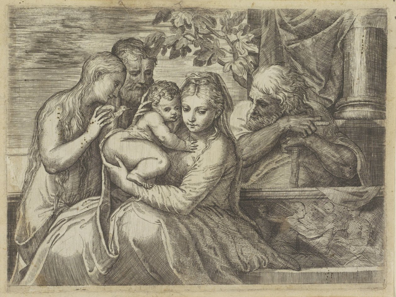 Azizler ile Kutsal Aile by Battista Angolo del Moro (attributed to)