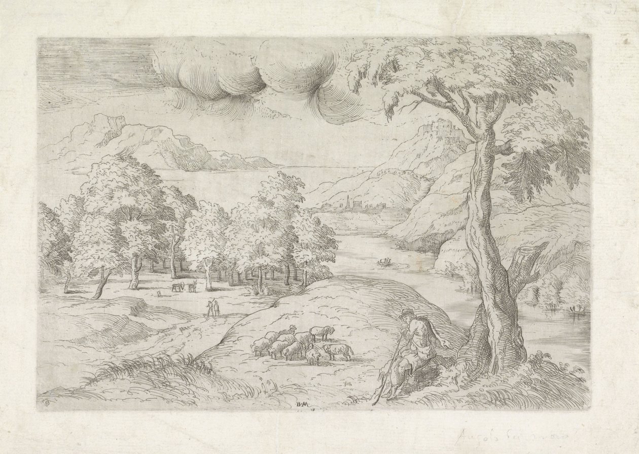Harabeler, Bir Şehir ve Gezginlerle Panoramik Manzara Landschap çobanla tanıştı by Battista Angolo del Moro