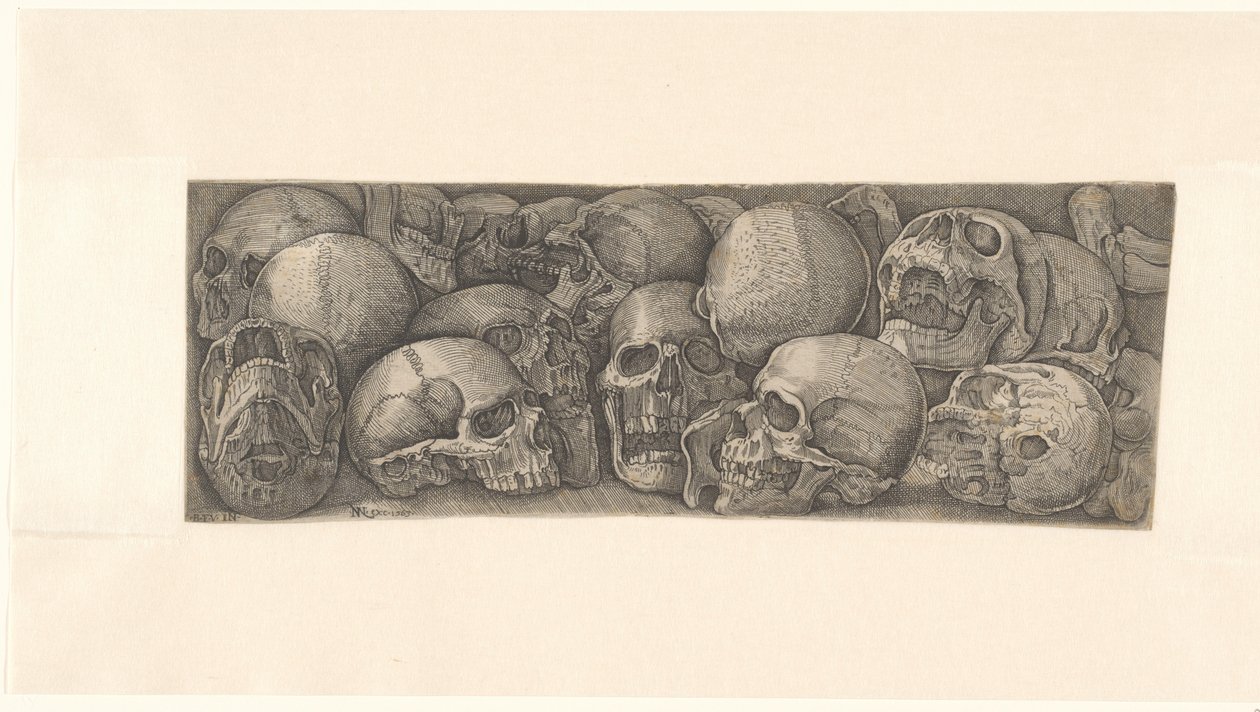 Farklı açılardan bakıldığında ve bir friz olarak gruplandırılmış insan kafatasları by Battista Franco (attributed to)