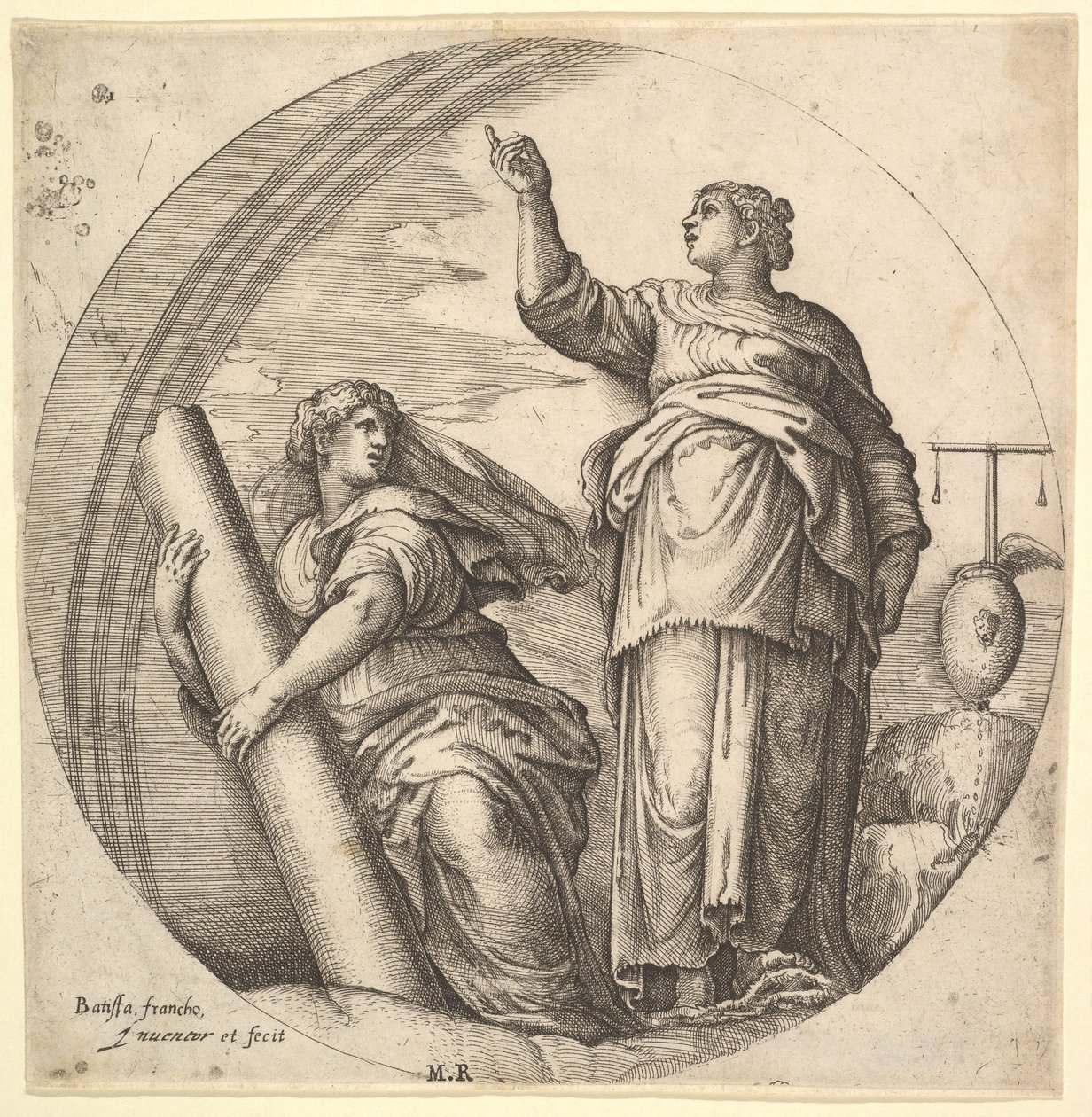 Fortitude and Justice, yuvarlak formatta alegorik bir kompozisyon, Fortitude g..., ca. 1530-61. by Battista Franco Veneziano