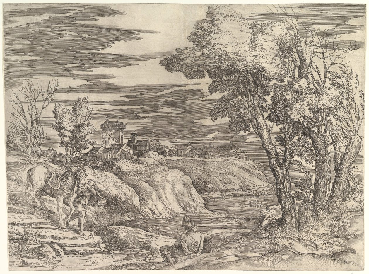 Bir Süvari ve Damatıyla Manzara, yaklaşık. 1552-61. by Battista Franco Veneziano