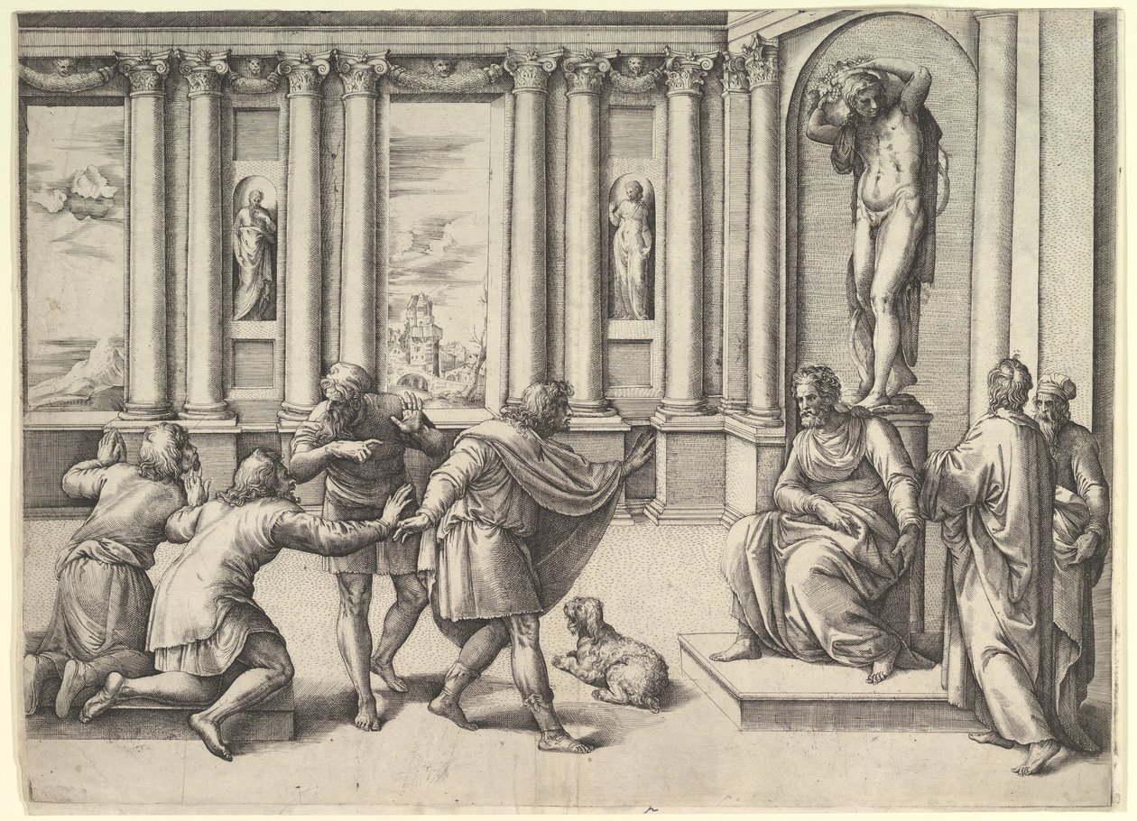 Baküs Heykelinin Altında Oturan Bir Seyirci Karşılayan Adam, ca. 1530-61. by Battista Franco Veneziano