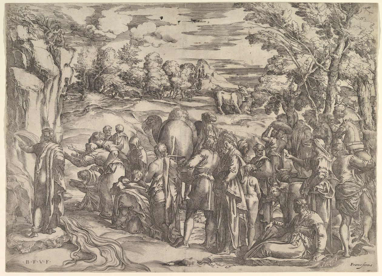 Musa Kayadan Su Çekiyor, solda akan su, çeşitli figürler ve ..., yakl. 1552-61. by Battista Franco Veneziano