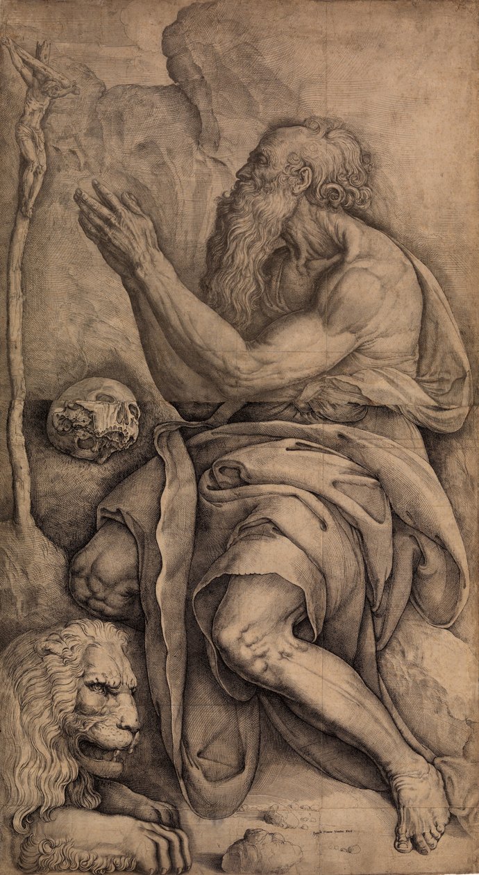 Aziz Jerome, bir haç önünde diz çökmüş, bir kafatası ve aslanla, ca. 1550-60. by Battista Franco Veneziano