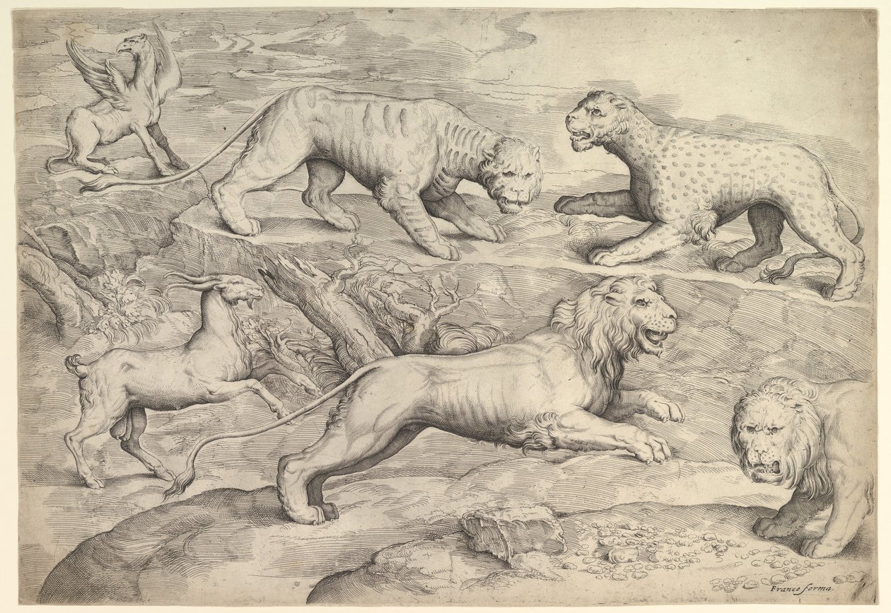 Aslanlar, kaplanlar, leoparlar, griffinler ve keçiler dahil olmak üzere altı hayvan, ca. 1530-61. by Battista Franco Veneziano