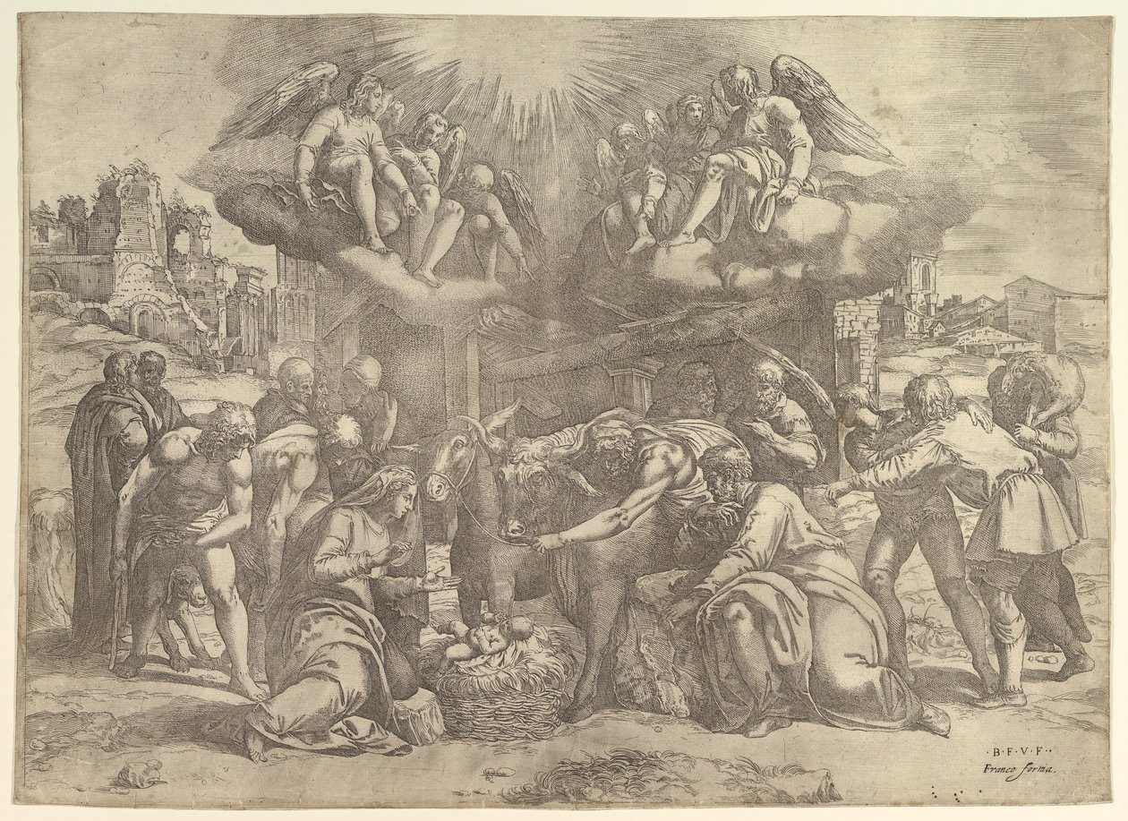 Başlarında melekler olan Çobanların Tapınması, yak. 1530-61. by Battista Franco Veneziano