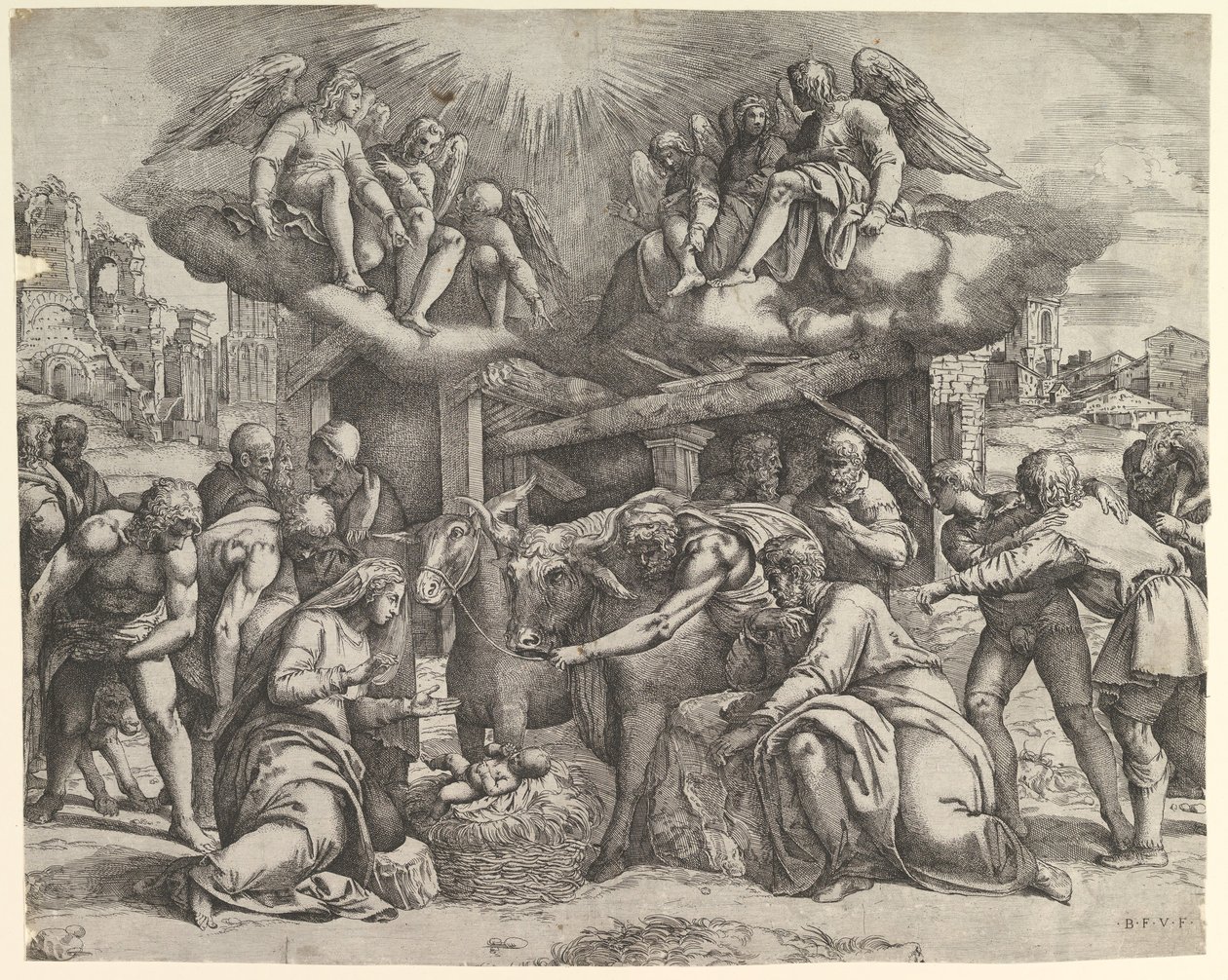 Başlarında melekler olan Çobanların Tapınması, yak. 1530-61. by Battista Franco Veneziano