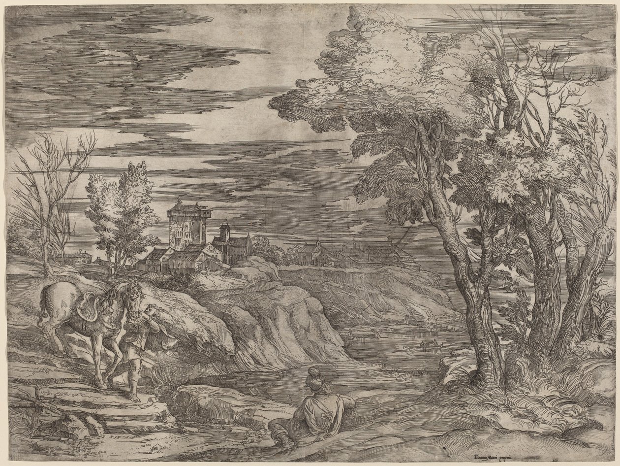 Bir Ata Önderlik Eden Bir Adamla Manzara by Battista Franco after Titian