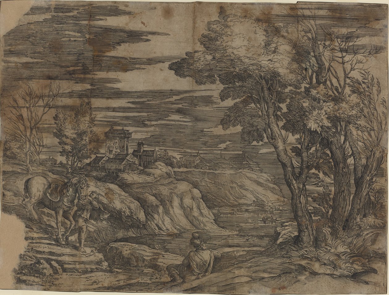 Bir Ata Önderlik Eden Bir Adamla Manzara by Battista Franco, after Titian