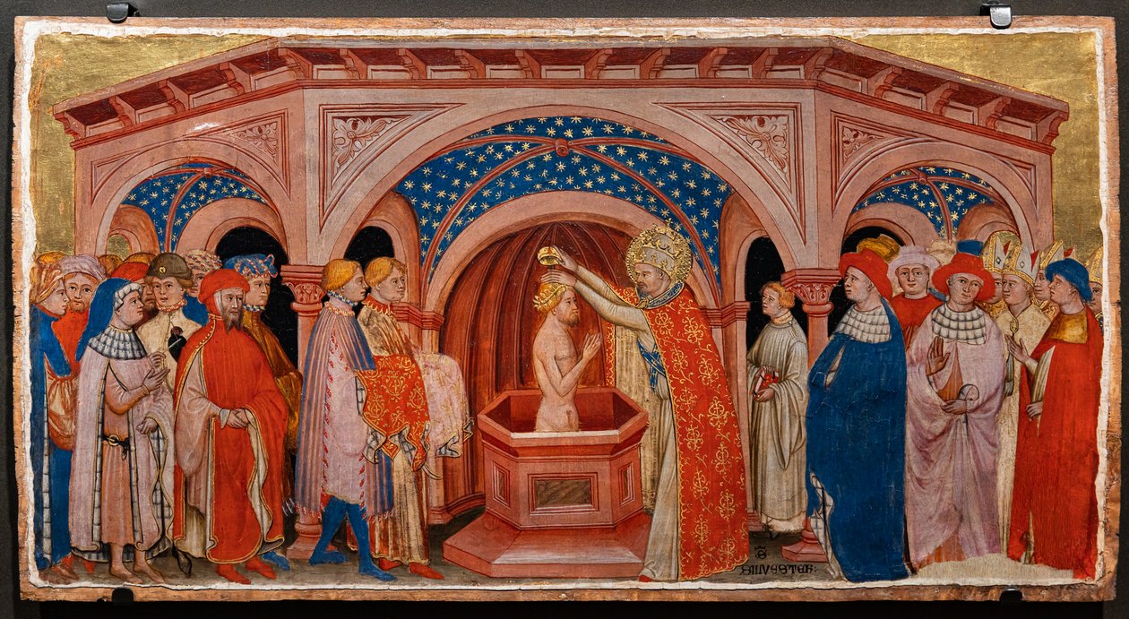 Papa St. Sylvester, Costantine'i Laterano'da vaftiz ediyor (panelde tempera) by Battista da Vicenza