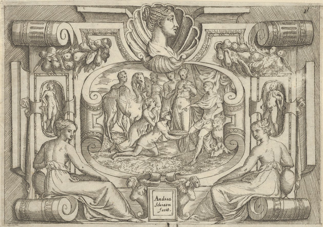 Tahtta oturan bir krala bir tabak madeni para sunan bir erkek ve kadın, yaklaşık..., M.Ö. 1540-80. by Battista del Moro