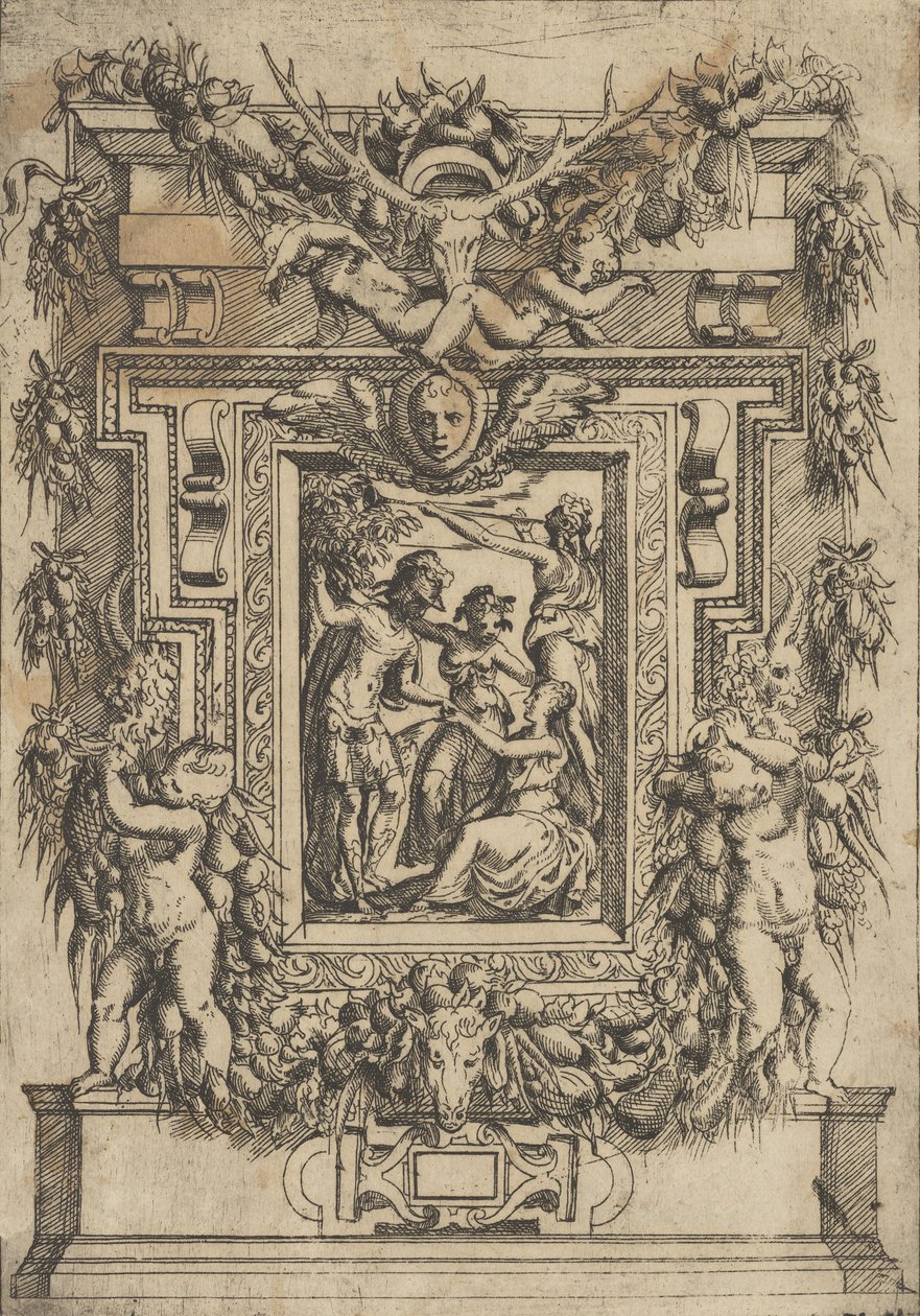 Genç bir adam, oturan bir kadına elini uzatıyor, aralarında başka bir kadın duruyor ve..., ca. 1540-80. by Battista del Moro