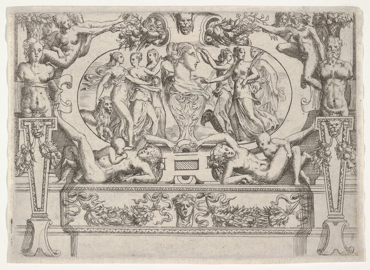 Ayrıntılı bir çerçeve içine yerleştirilmiş, her iki yanında üçer kadın bulunan bir kadın büstü, yakl. 1540-80. by Battista del Moro