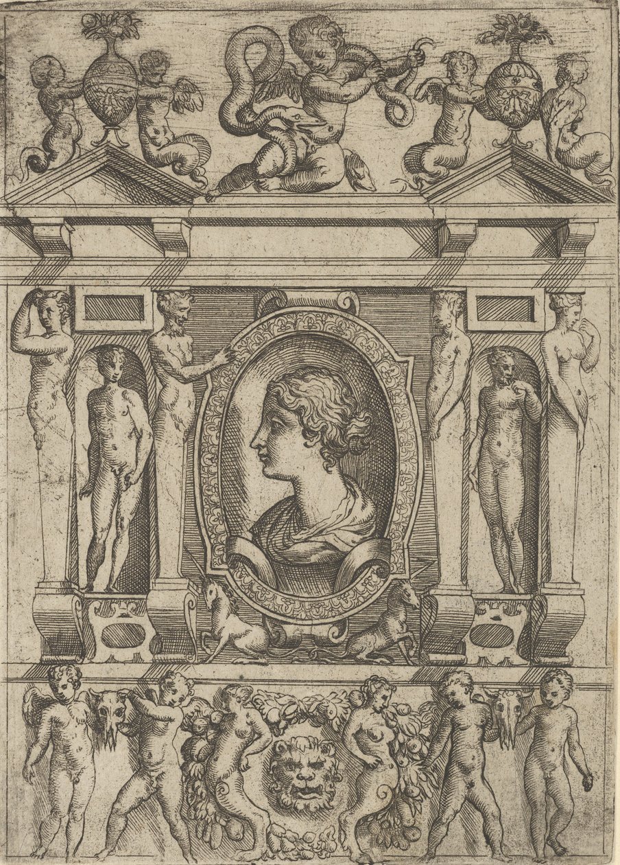 Sola bakan profilde bir kadın büstü, ayrıntılı bir çerçeveye yerleştirilmiş, n..., yakl. 1540-80. by Battista del Moro