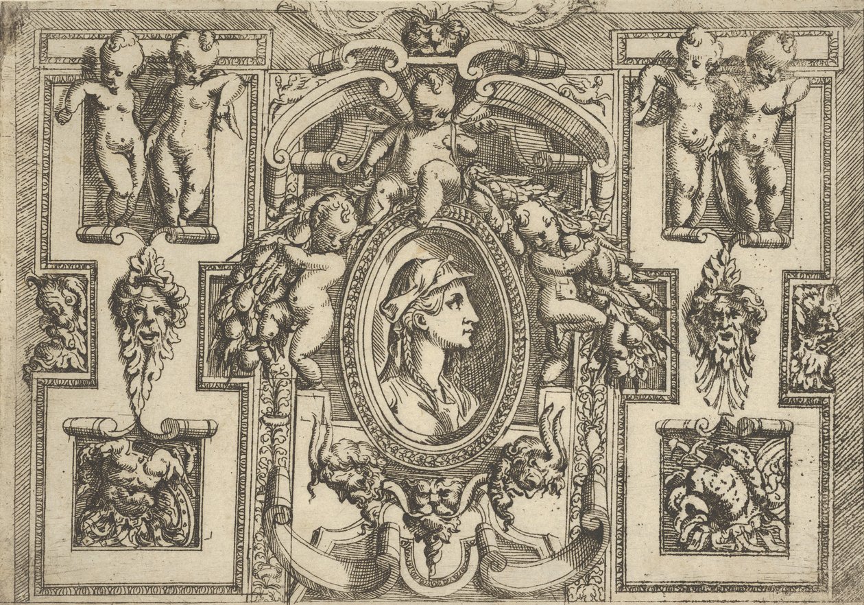 Sağa bakan profilde bir kadın büstü, ayrıntılı bir çerçeve içine yerleştirilmiş, putti, ..., ca. 1540-80. by Battista del Moro