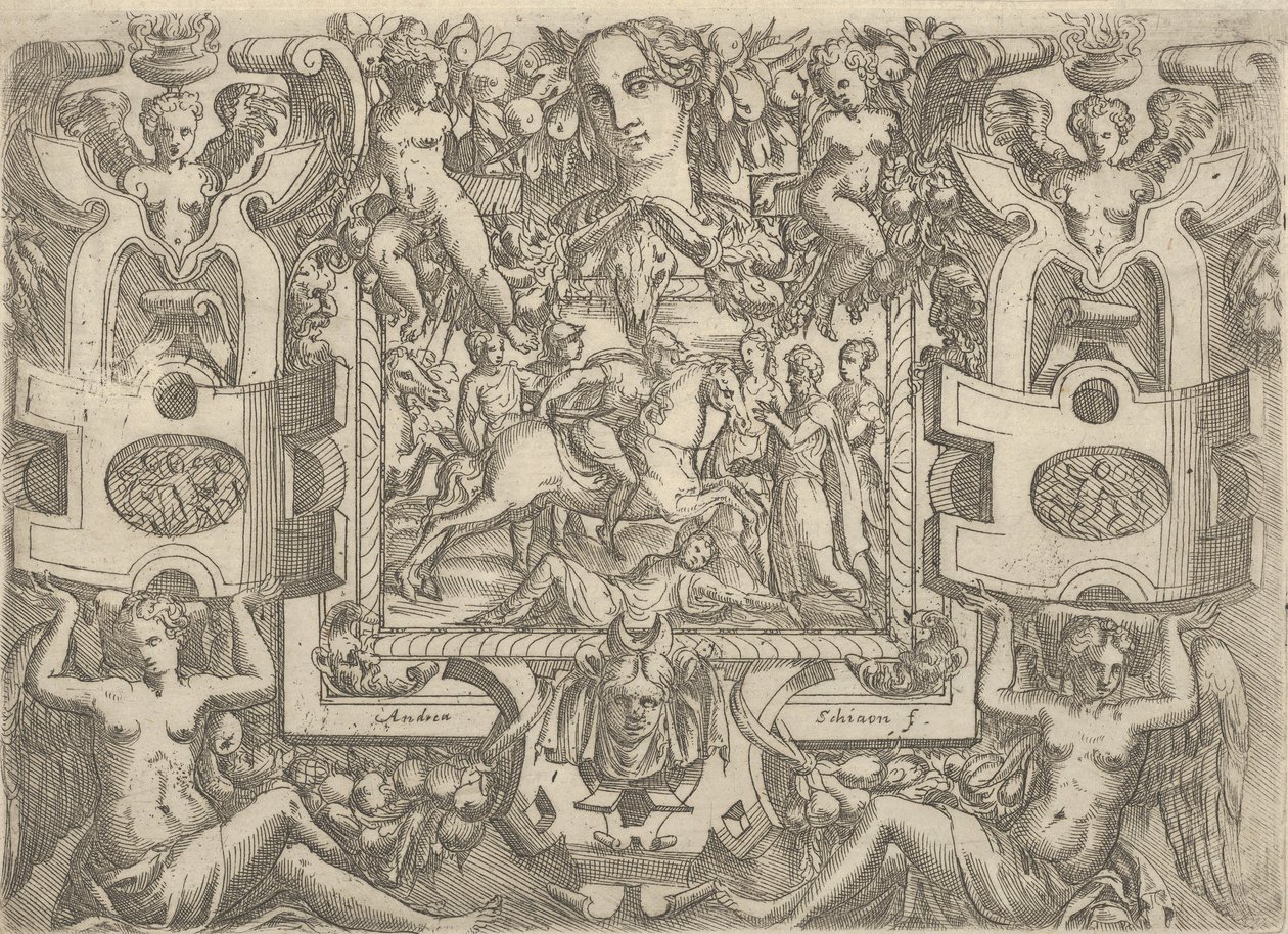 At sırtında bir kılıç tutan ve yerde yatan bir figürün üzerine binen figür, s..., ca. 1540-80. by Battista del Moro