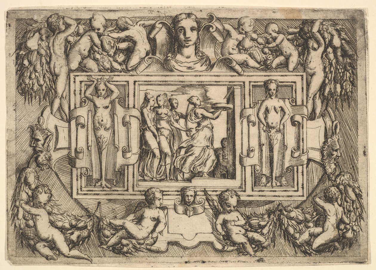 Sağa doğru yürüyen ve bir tepsi taşıyan Kümealı sibil, arkasından üç kadın..., yaklaşık. 1540-80. by Battista del Moro