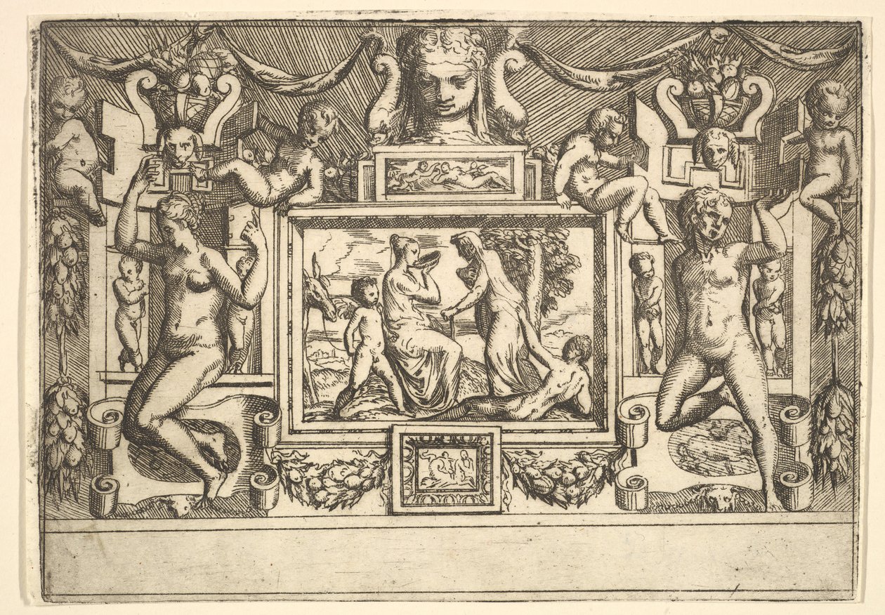 Bir kaseden içen genç bir kadın, önünde duran yaşlı bir kadın, içeride..., yakl. 1540-80. by Battista del Moro