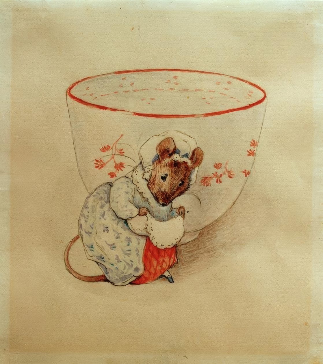 Frau Maus bir çay fincanı önünde reverans yapıyor by Beatrix Potter