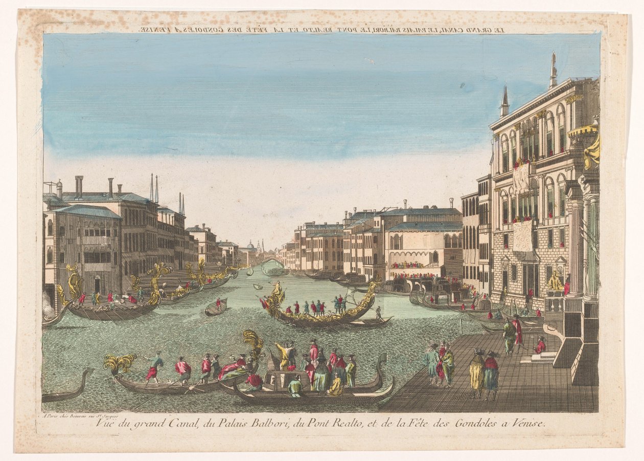 Gezicht op de Canal Grande gondellerle buluştu, Palazzo Balbori en de Ponte Rialto te Venetië Venedik