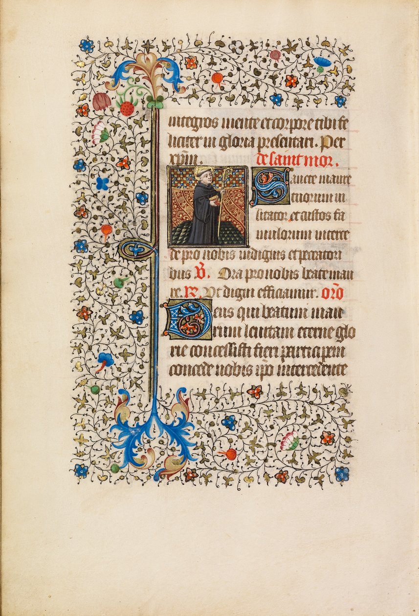 Abbot Maurus, Asası ve Kitabı, c.1440-50 (kızgınlık, altın varak, parşömen üzerine boya ve mürekkep) by Bedford Master Workshop