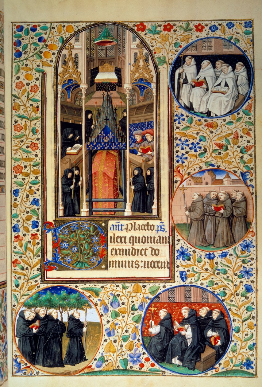 Manastır hayatından bir sahne. Madalyonlarda yukarıdan aşağıya Carmes, Fransiskanlar, Dominikler, Augustinler (solda). Bedford Usta