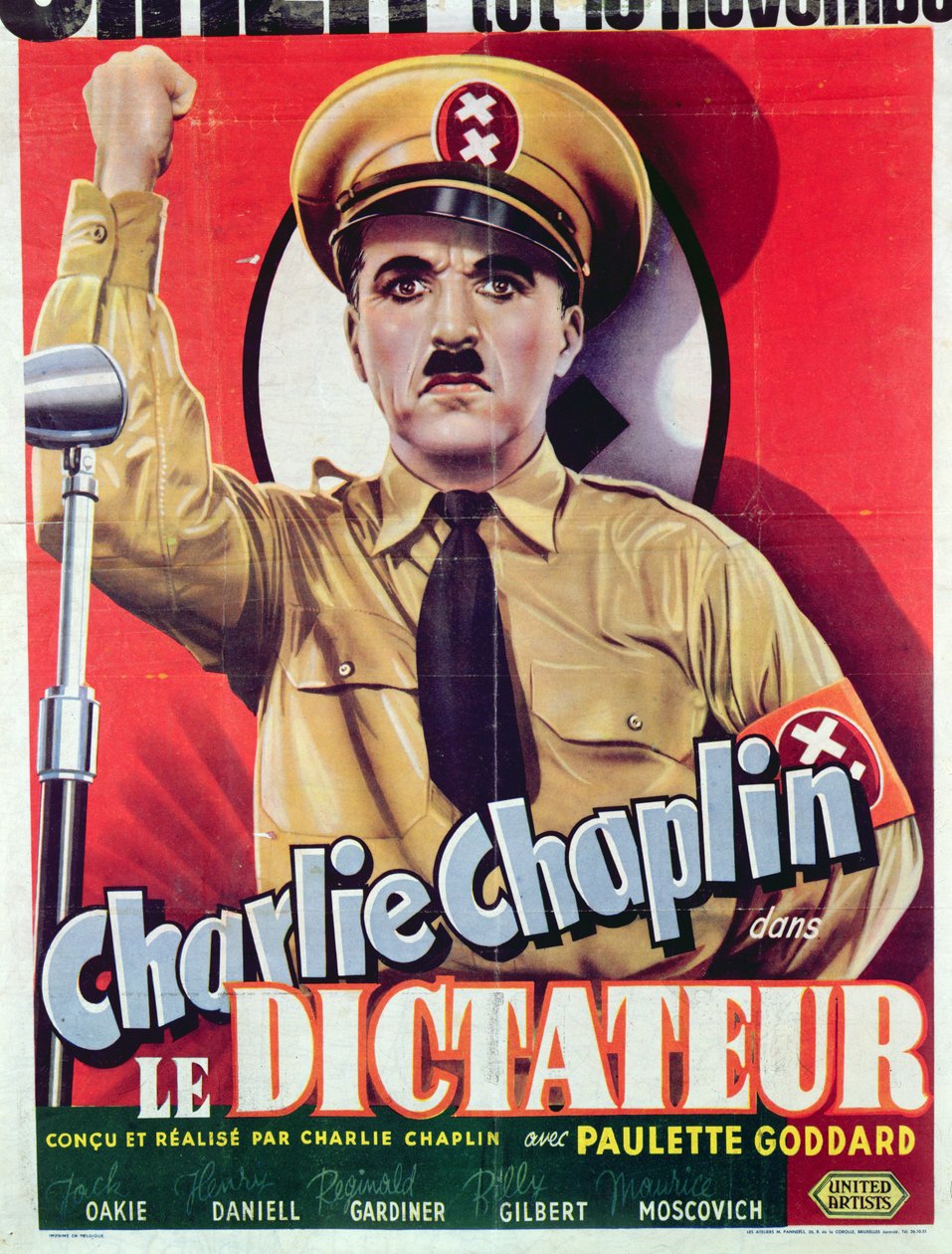 İlk olarak 1940'ta yayınlanan Charlie Chaplin'in "The Great Dictator" filminin reklam afişi, c.1945 (renkli taş baskı) by Belgian School