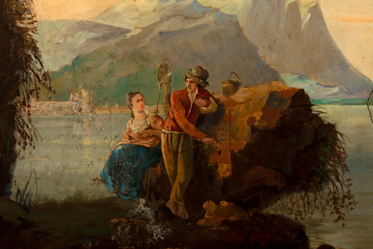 Arkadaki ikinci arka oda, toplantı odası, klasik tarzda kırsal sahneleri olan duvar resimleri, muhtemelen 1810 civarında, sahne 5 by Belgian School