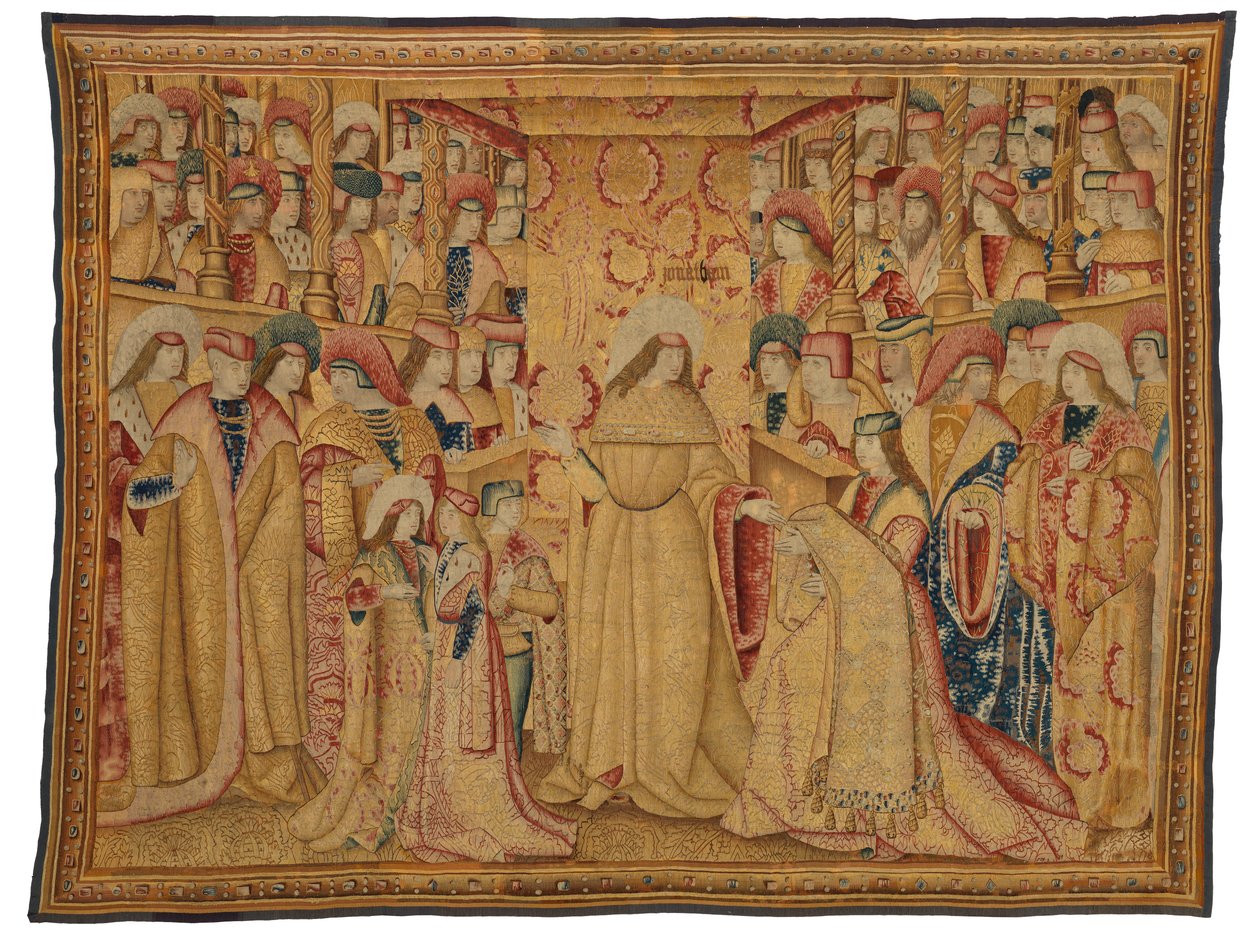 Goblen, Jonathan Maccabeus Mor Bir Cüppe Alırken, Brüksel, Belçika'da yapılmış, 1490-1500 dolaylarında (yün ve ipek) by Belgian School