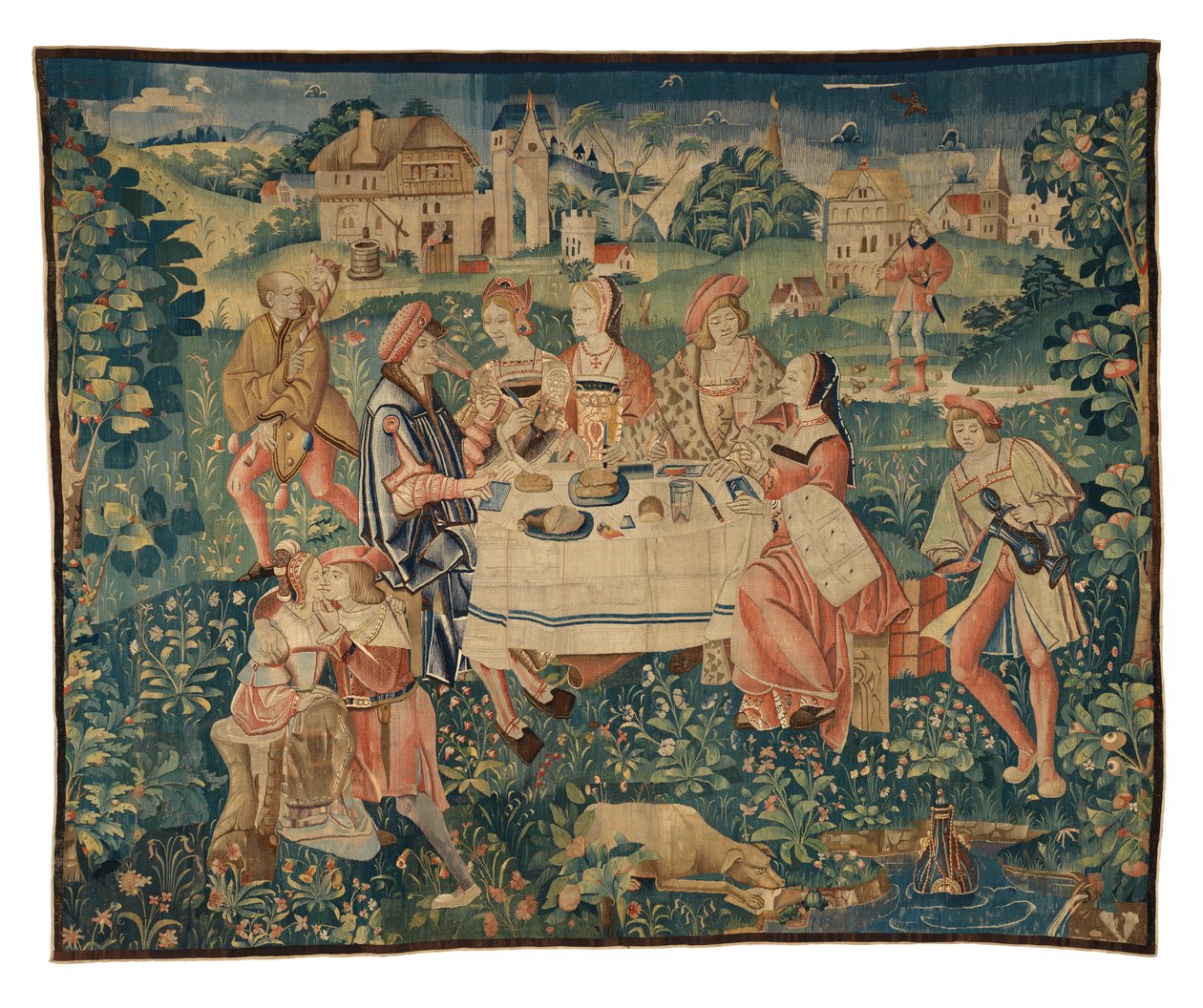 Tournai'den Açık Havada Ziyafeti veya Aşk Bahçesinde Açık Hava Yemeğini tasvir eden duvar halısı, c.1510 (yün ve ipek) by Belgian School