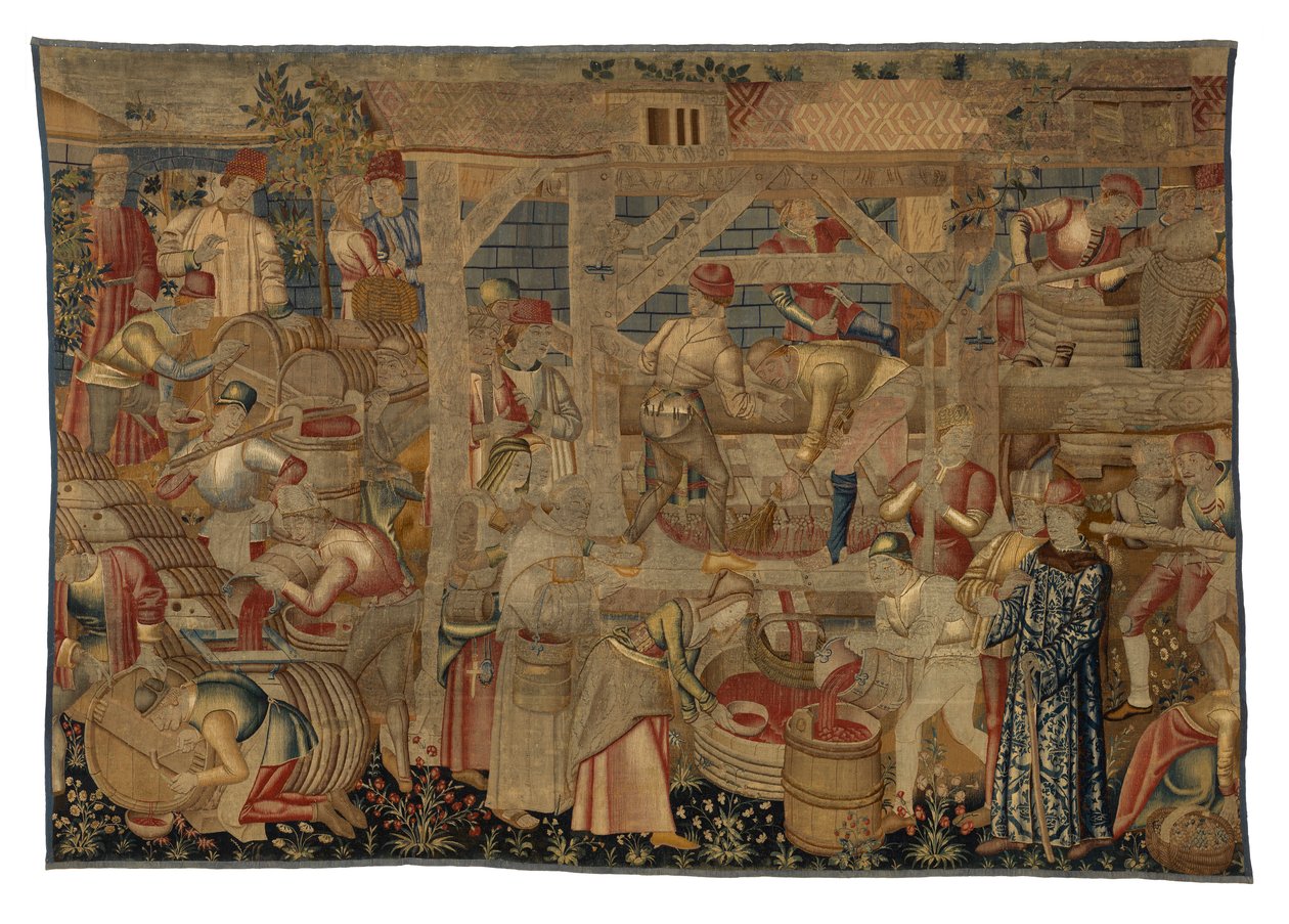 Şarap Preslerini tasvir eden duvar halısı, Tournai'den, 1460-70 civarı (yün) by Belgian School