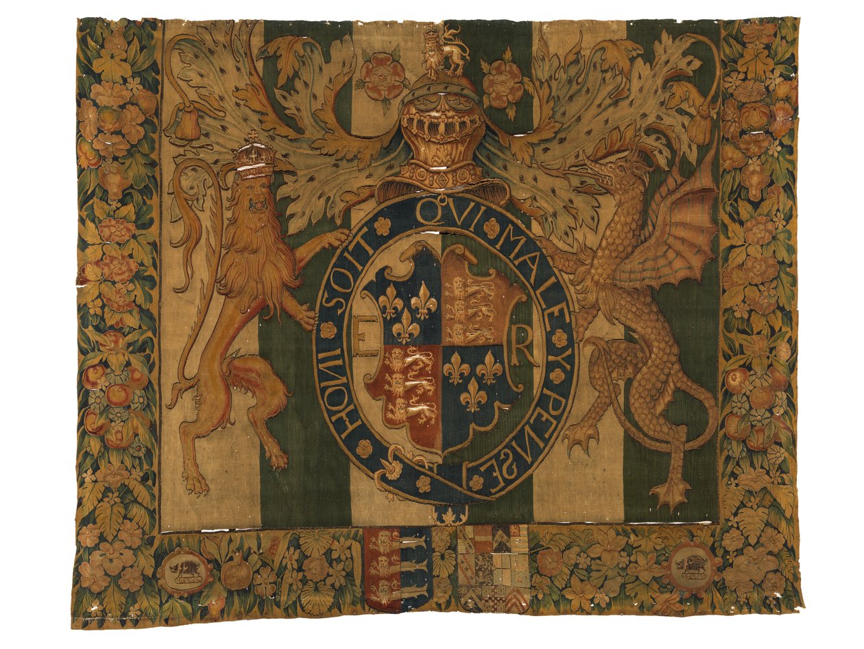 Edward VI'nın Kraliyet Arması ve le Grys'in Arması'nın bulunduğu duvar halısı, muhtemelen Enghien, Flanders, Belçika'da yapılmıştır, c.1547-53 (yün) by Belgian School
