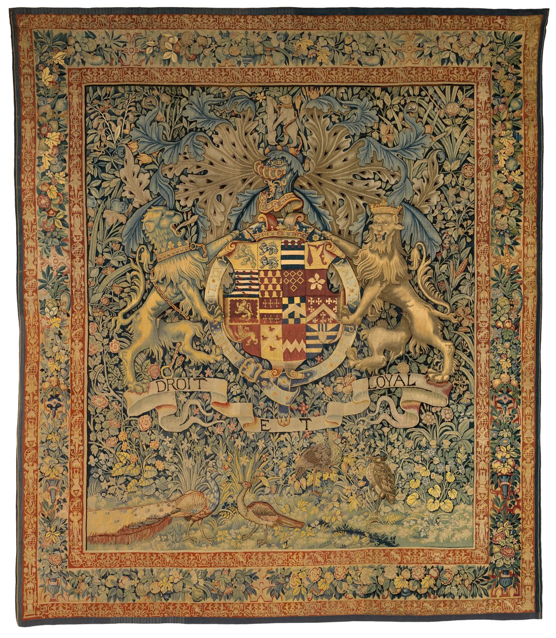 Leicester Kontu Robert Dudley'nin Kollarını taşıyan yeşil duvar halısı (47.1'lik bir çiftten biri), 1570-85 dolaylarında Belçika'nın Flanders kentinde yapılmıştır (yün ve ipek) by Belgian School